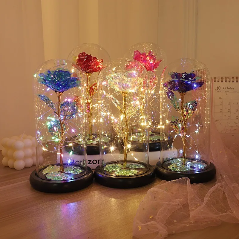 Artificial Glass Flower with Eternal Rose of the LED Light for Women Beauty and Beast Rose Birthday Gifts for Girls Christmas