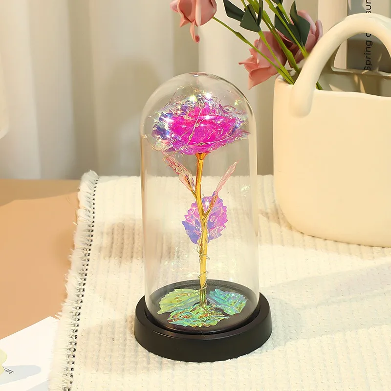 Artificial Glass Flower with Eternal Rose of the LED Light for Women Beauty and Beast Rose Birthday Gifts for Girls Christmas