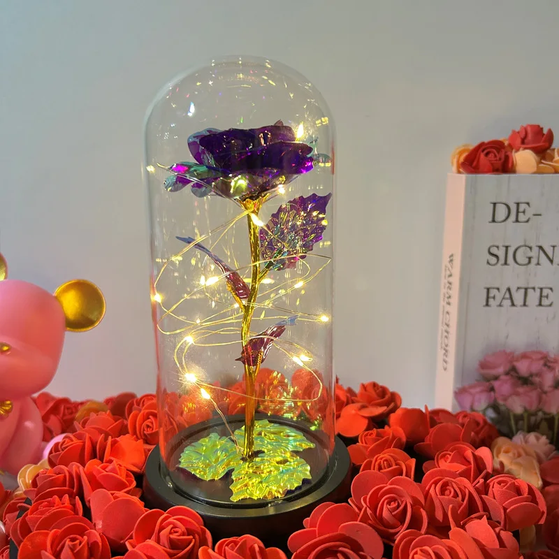 Artificial Glass Flower with Eternal Rose of the LED Light for Women Beauty and Beast Rose Birthday Gifts for Girls Christmas