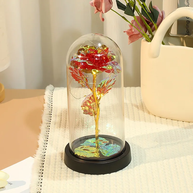 Artificial Glass Flower with Eternal Rose of the LED Light for Women Beauty and Beast Rose Birthday Gifts for Girls Christmas