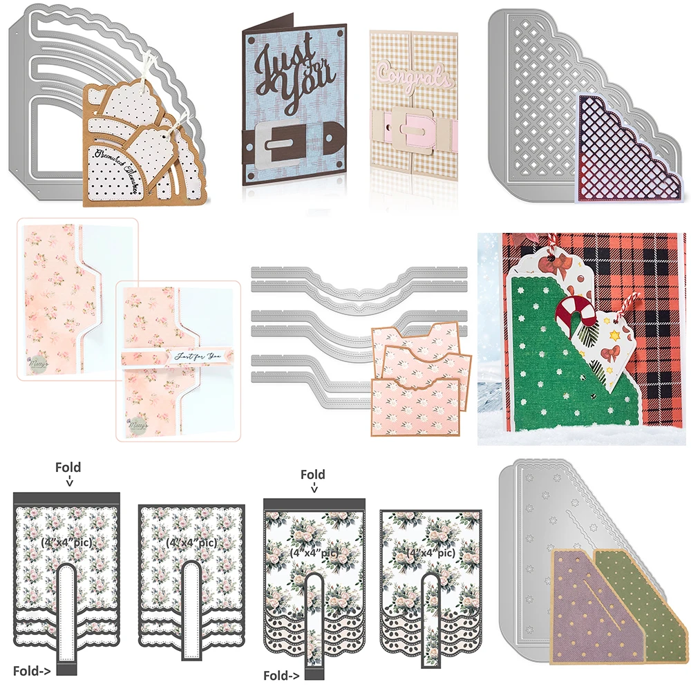 Christmas Slotted Fold Corner Pocket Metal Cutting Dies Continuous Belt and Buckle DieCut For DIY Scrapbooking Album Card Making
