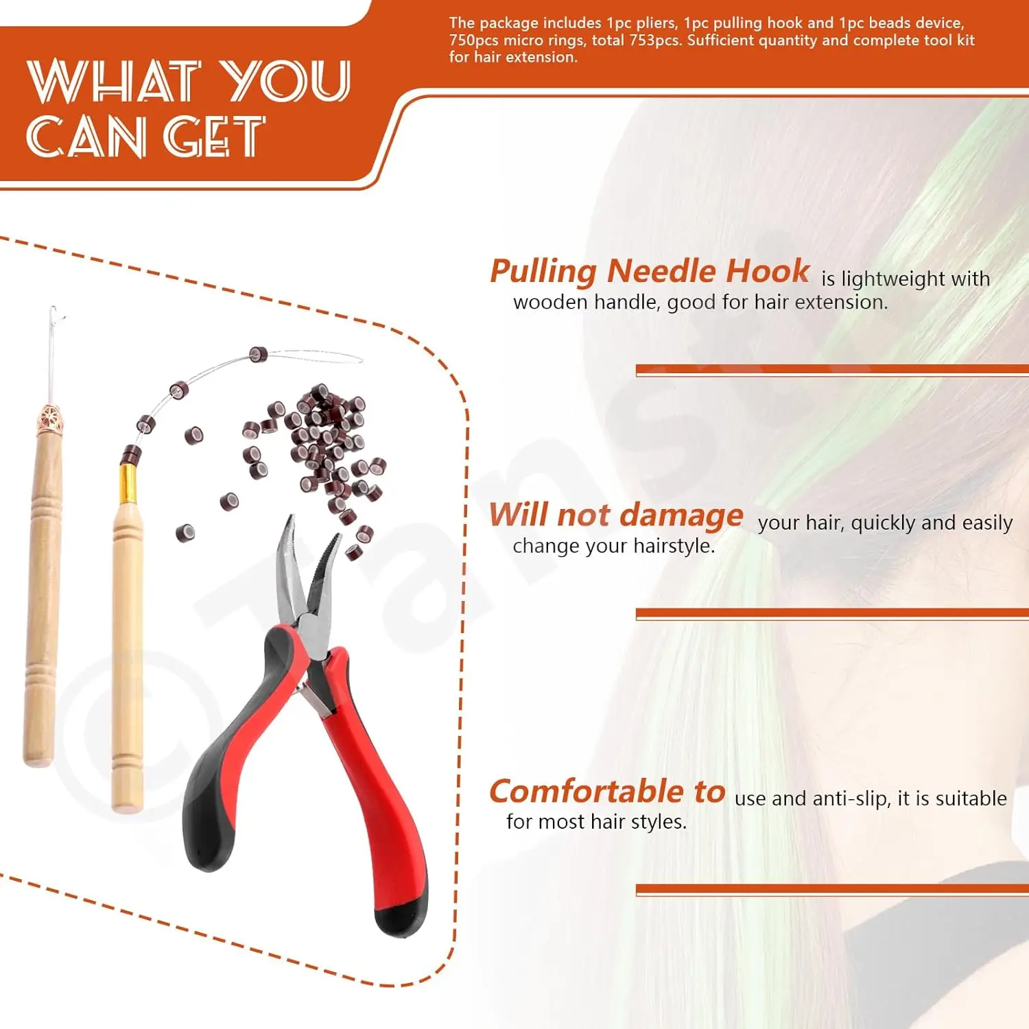 Hair Extension Kit,including 1000Pcs 5 Colors Hair Extension Bead with Hair Pliers,Pulling Hook Loop and Needle Christmas gift