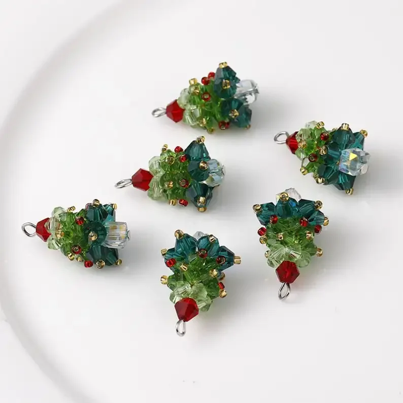 6PCS/SET Winter Christmas Tree Charms Beaded Crystal Glass Handmade Woven for Earrings and Necklace Diy Making Jewelry Gifts