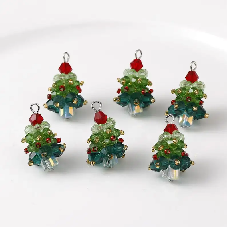 6PCS/SET Winter Christmas Tree Charms Beaded Crystal Glass Handmade Woven for Earrings and Necklace Diy Making Jewelry Gifts