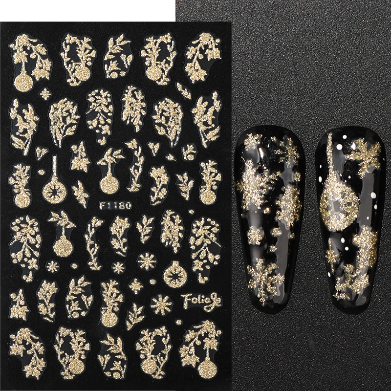 5pcs Sparkling Gold Glitter Christmas Nail Stickers Shiny Snowflake Xmas Tree Deer Polish Sliders Winter New Year Nail Art Decal