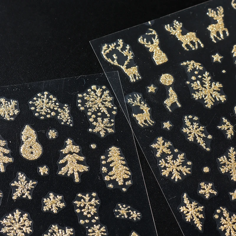 5pcs Sparkling Gold Glitter Christmas Nail Stickers Shiny Snowflake Xmas Tree Deer Polish Sliders Winter New Year Nail Art Decal