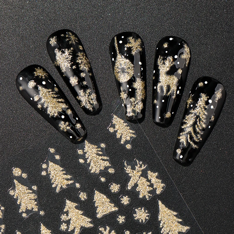 5pcs Sparkling Gold Glitter Christmas Nail Stickers Shiny Snowflake Xmas Tree Deer Polish Sliders Winter New Year Nail Art Decal