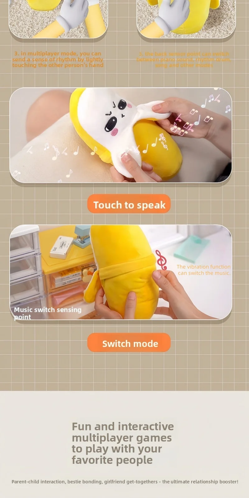Banana Baby Beat Sensing Creative Fruit Novelty Parent-Child Musical Interactive Piano Toy Plush Doll Christmas Gift