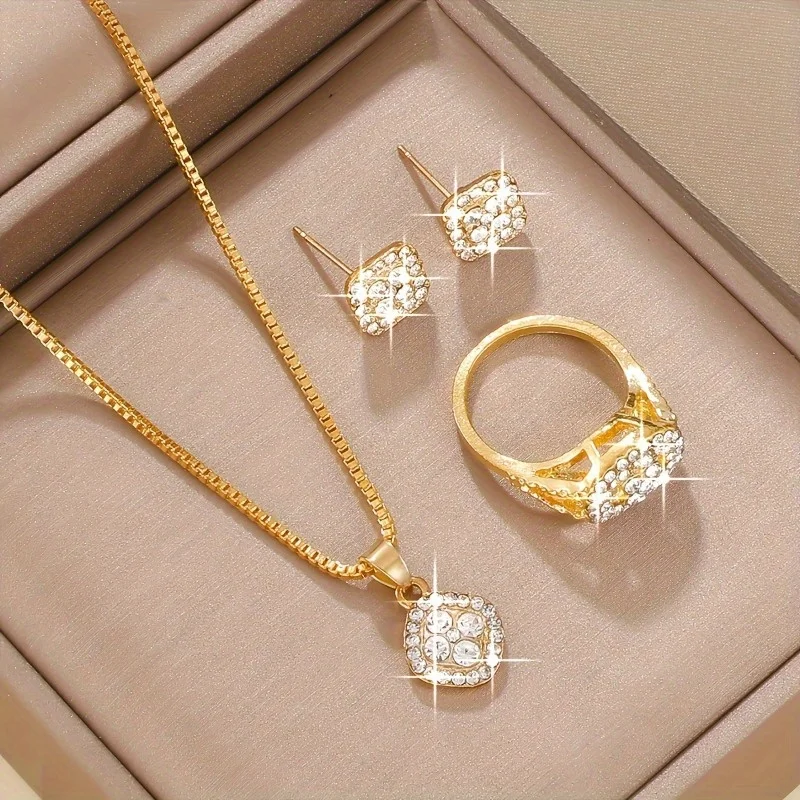 Luxury Cube Jewelry Set Women's Elegant Necklace Earrings & Ring Set Perfect Gift for Valentine's Day Christmas Gift