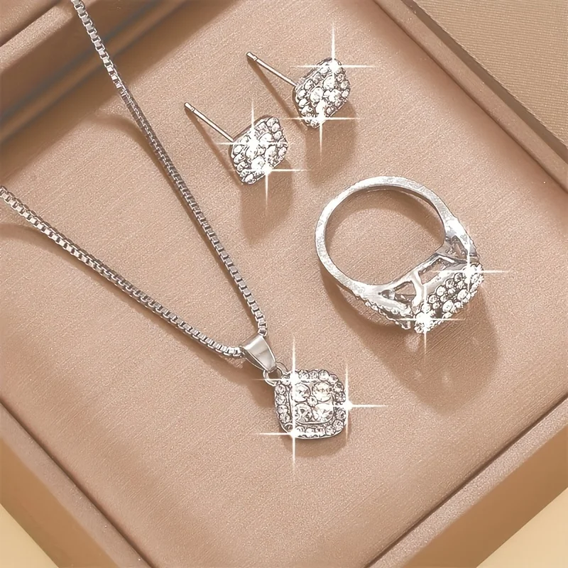 Luxury Cube Jewelry Set Women's Elegant Necklace Earrings & Ring Set Perfect Gift for Valentine's Day Christmas Gift