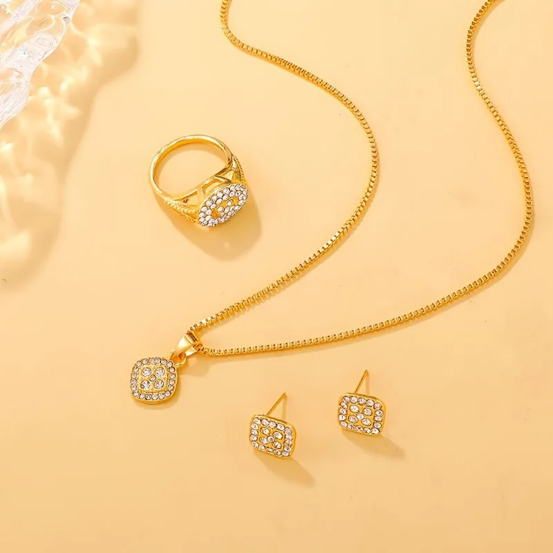 Luxury Cube Jewelry Set Women's Elegant Necklace Earrings & Ring Set Perfect Gift for Valentine's Day Christmas Gift