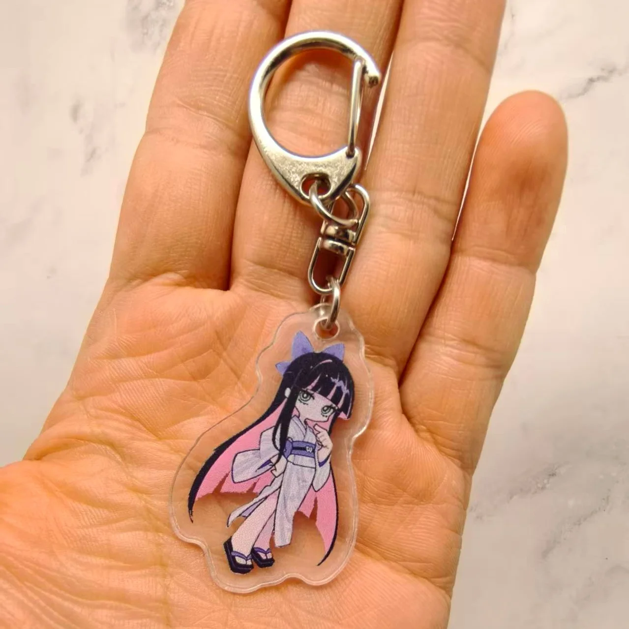 Anime Panty & Stocking with Garterbelt Bowknot KeyChain Kawaii Figure Acrylic Keyrings Backpack Pendant For Fans Christmas Gifts
