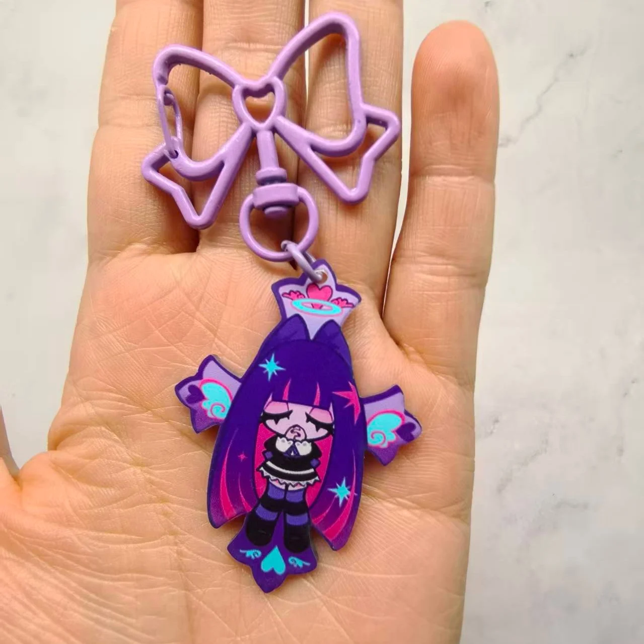 Anime Panty & Stocking with Garterbelt Bowknot KeyChain Kawaii Figure Acrylic Keyrings Backpack Pendant For Fans Christmas Gifts