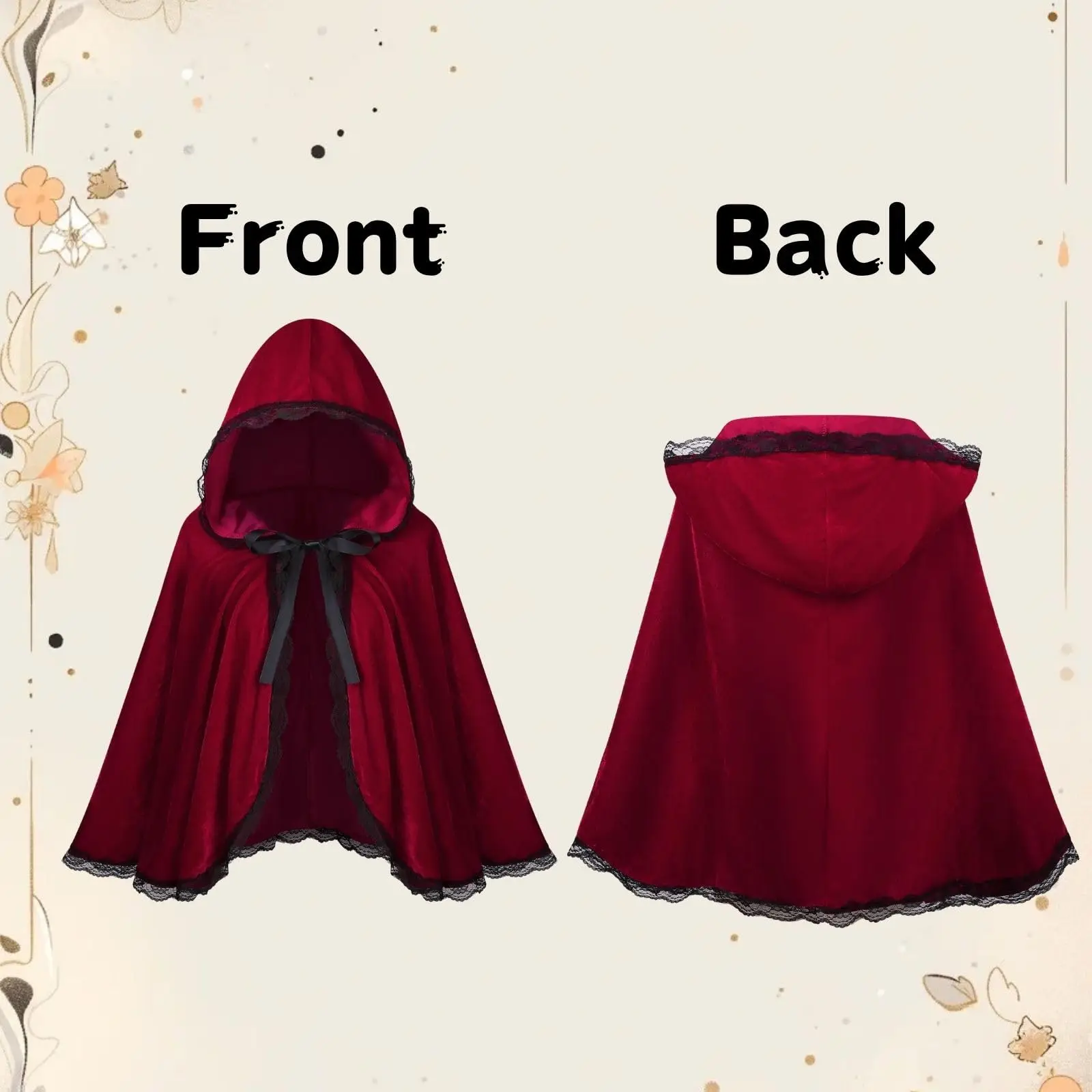 Red Velvet Black Lace Hooded Velvet Cape Ladies Cape Halloween Christmas Cosplay Party Fancy Cape