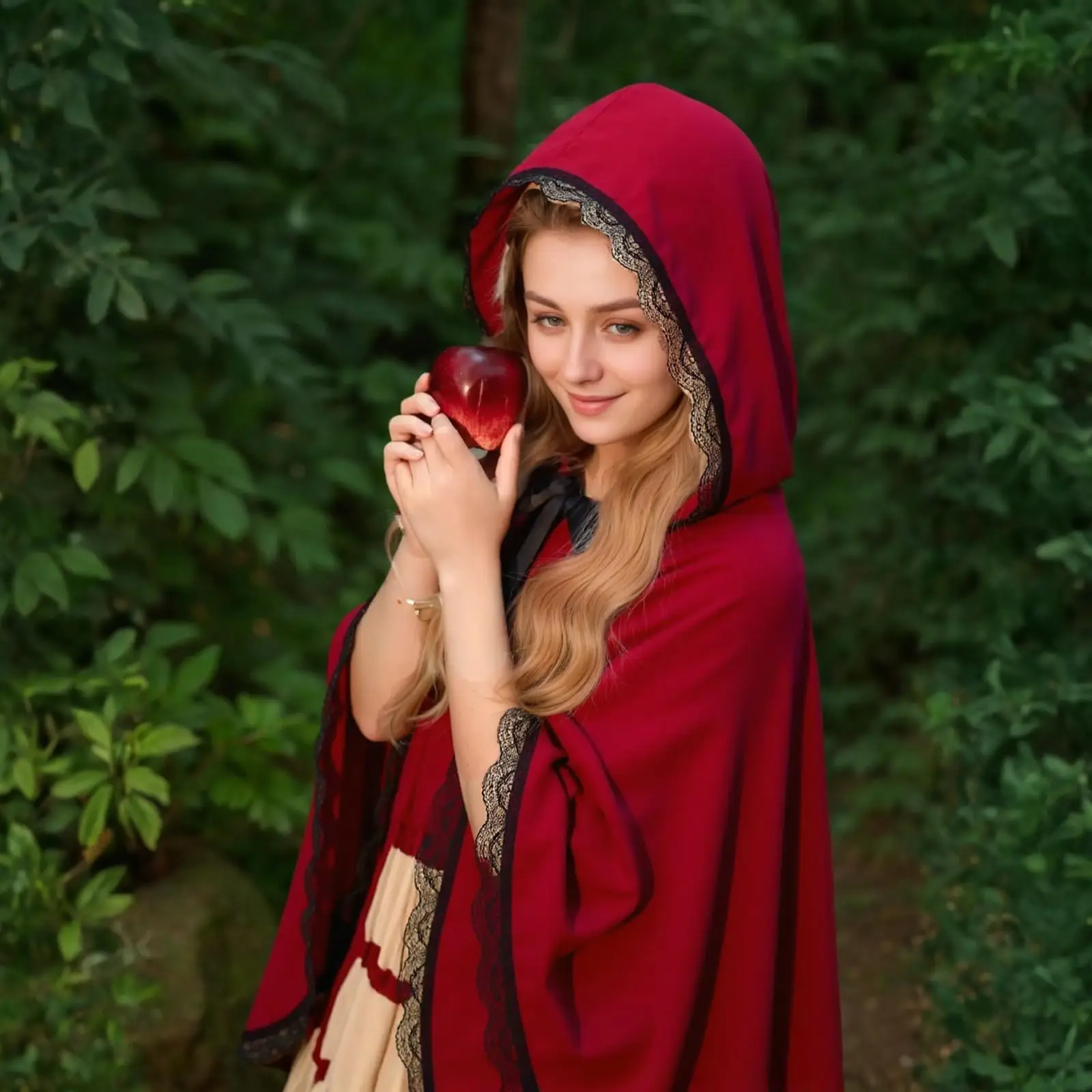 Red Velvet Black Lace Hooded Velvet Cape Ladies Cape Halloween Christmas Cosplay Party Fancy Cape