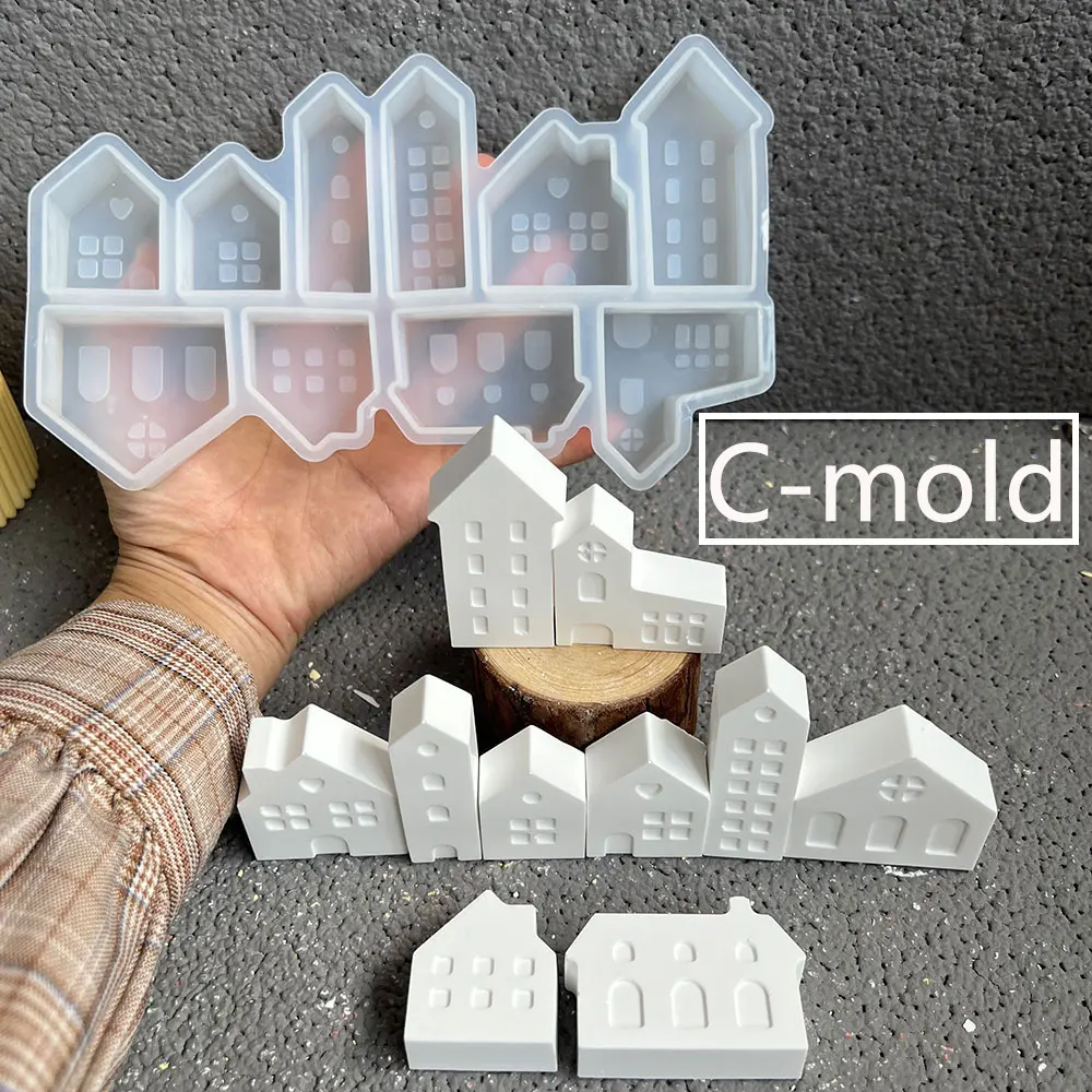 Miniature House Model Silicone Mold Mini House Plaster Ornament Resin Cement Candlestick Flower Pot Mold DIY Christmas Decor