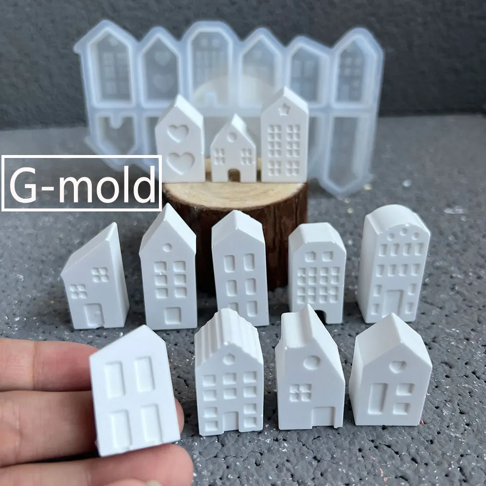 Miniature House Model Silicone Mold Mini House Plaster Ornament Resin Cement Candlestick Flower Pot Mold DIY Christmas Decor