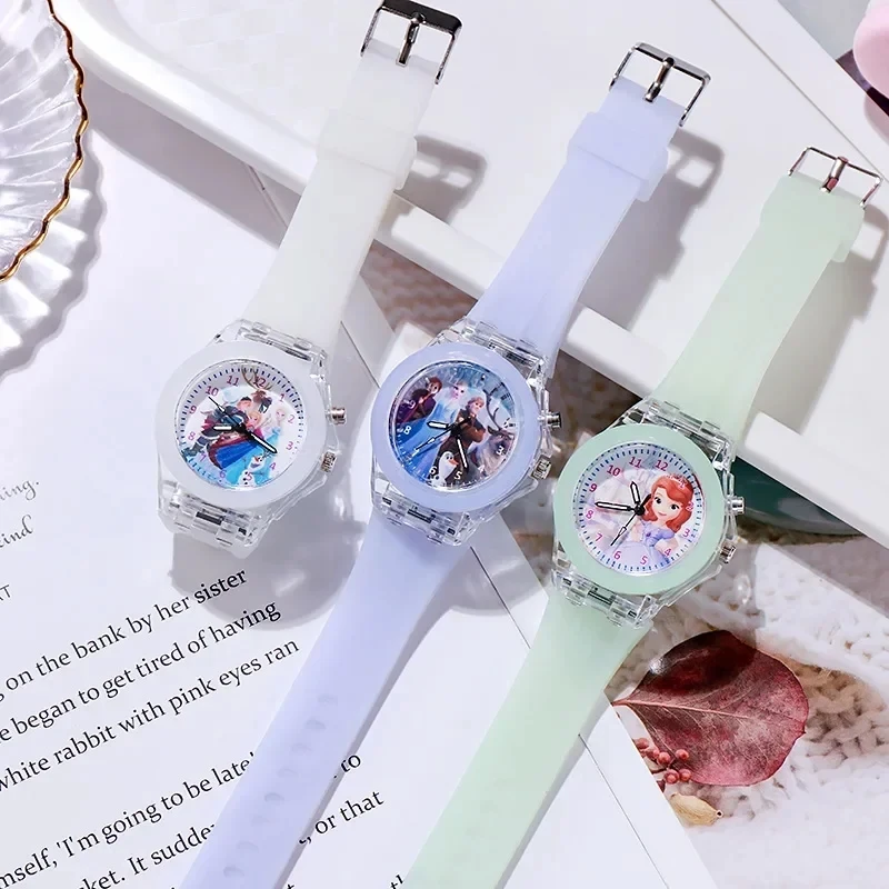 Disney Children Watch Frozen Princess Pattern Led Glowing Flash Fashion Kids Quartz Wristwatch Christmas Gifts