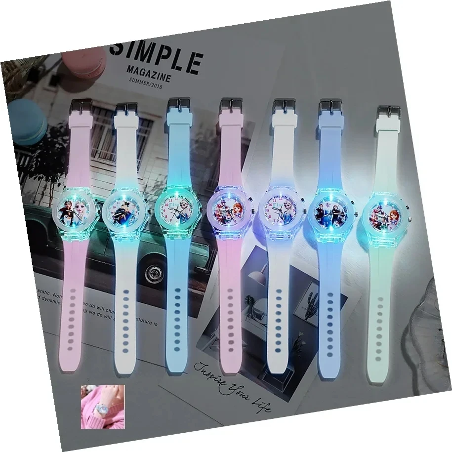 Disney Children Watch Frozen Princess Pattern Led Glowing Flash Fashion Kids Quartz Wristwatch Christmas Gifts