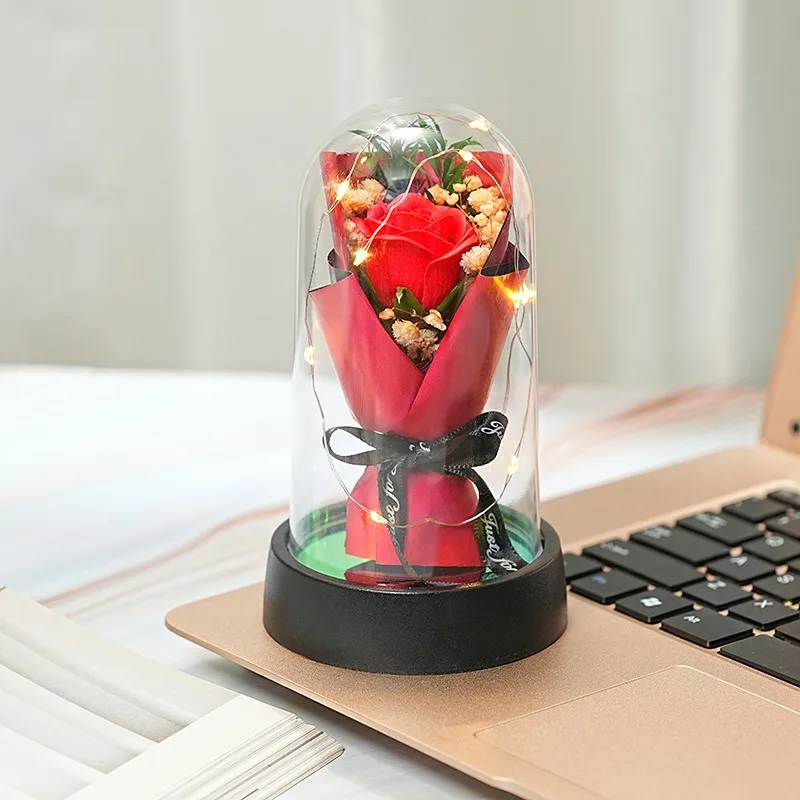 Everlasting Rose LED Glass Dome Bouquet Romantic Illuminated Ornament Perfect Valentine's Day Christmas Home Decor Romantic Gift