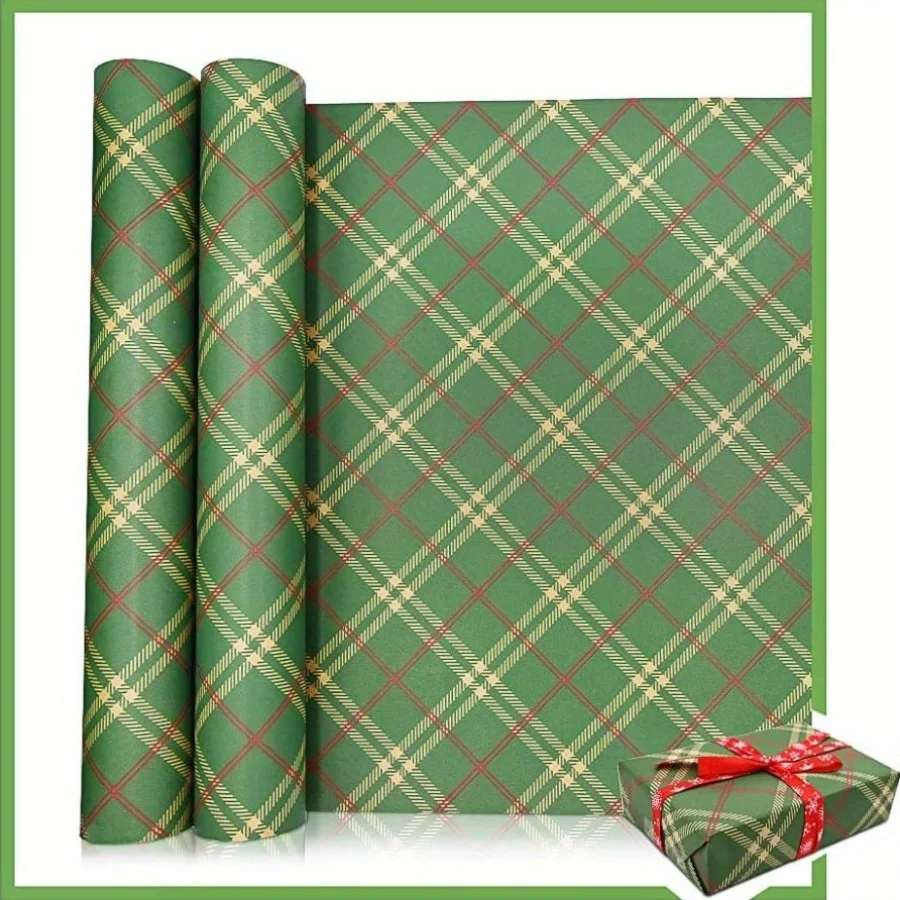 Extra Wide 43cm x 3m (16.9in x 118in) Christmas Wrapping Paper - Elegant Green & Red Plaid Pattern, Tear-Resistant Kraft Paper
