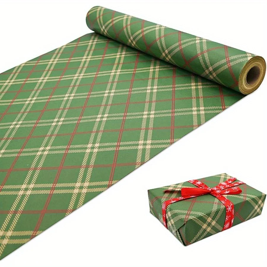 Extra Wide 43cm x 3m (16.9in x 118in) Christmas Wrapping Paper - Elegant Green & Red Plaid Pattern, Tear-Resistant Kraft Paper