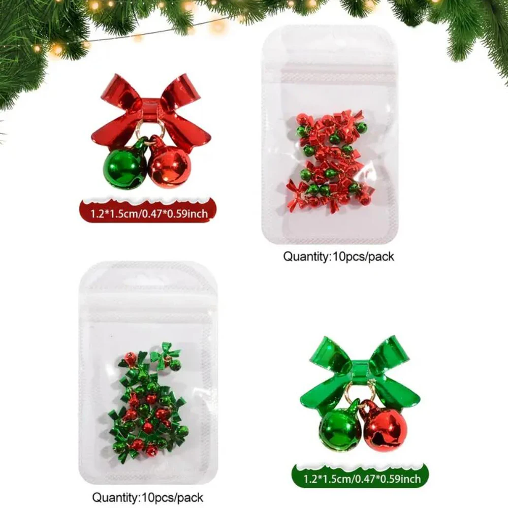 10/50Pcs Christmas Alloy Bell Nail Charms Red Bow Pendant Nail Art Decorations 1.2*1.5cm Party Style Bow Bell Nail Accessories