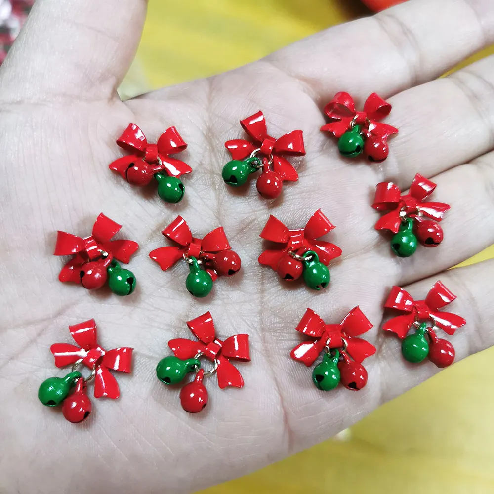10/50Pcs Christmas Alloy Bell Nail Charms Red Bow Pendant Nail Art Decorations 1.2*1.5cm Party Style Bow Bell Nail Accessories