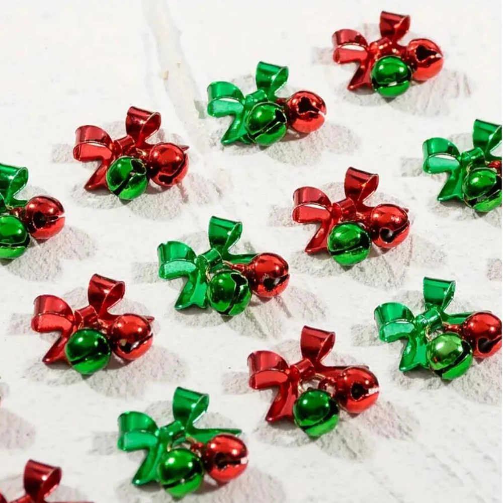 10/50Pcs Christmas Alloy Bell Nail Charms Red Bow Pendant Nail Art Decorations 1.2*1.5cm Party Style Bow Bell Nail Accessories