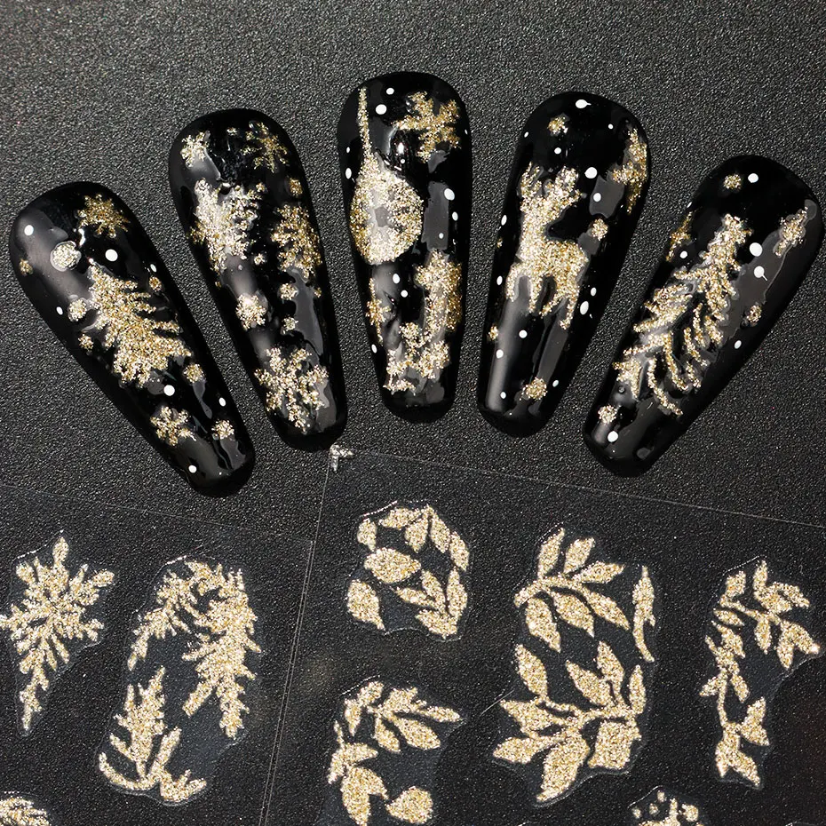 2PCS Golden Glitter Leaf Nail Art Stickers Shinny Christmas Trees Snowflake Sliders Japanese Winter Y2K Leaves Manicure Decor