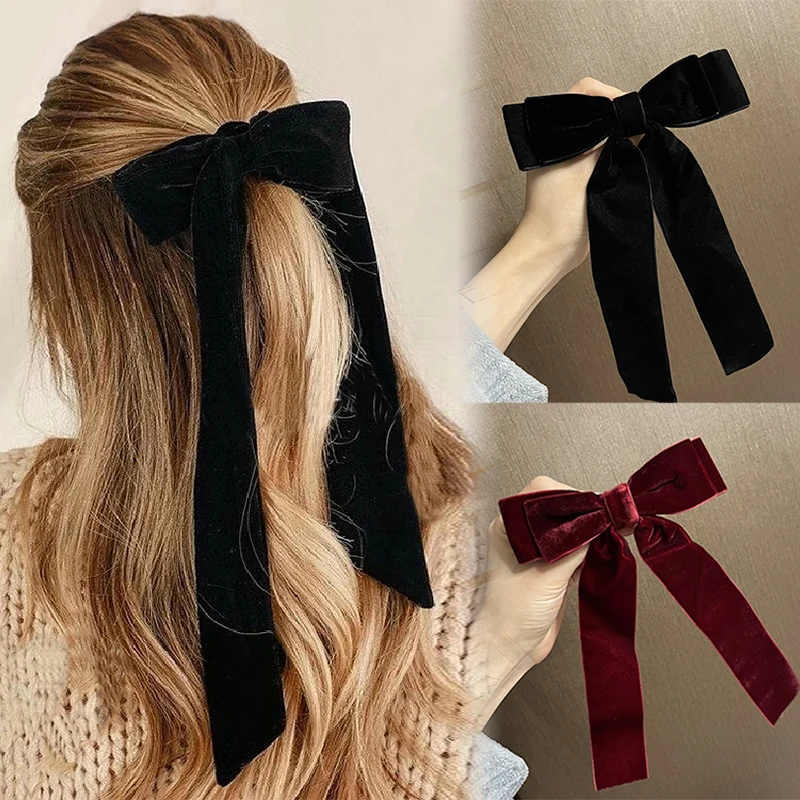 Christmas Vintage Velvet Bow Hairpins Barrettes For Women Girls Wedding Long Ribbon Korean Hair Clip Hairgrip Hair Accessories