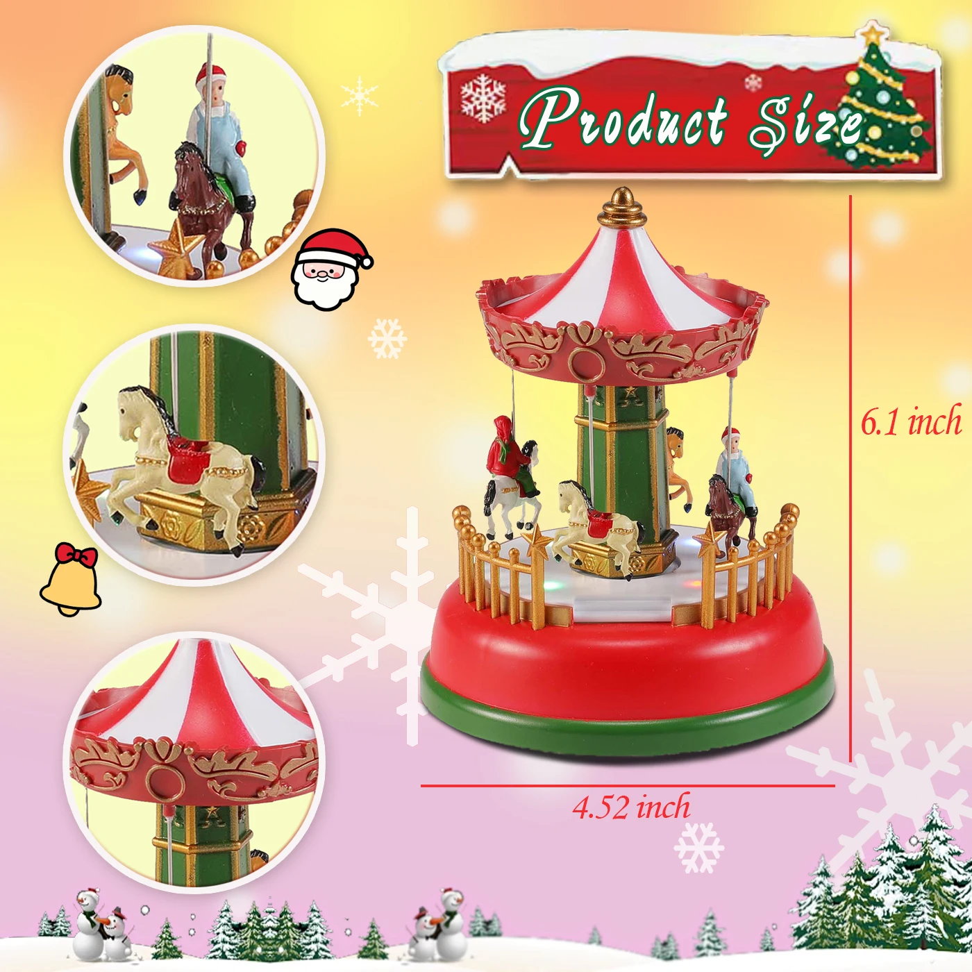 LED Christmas Carousel Decoration Music Box with Lights Holiday Village Scene Ornament Tabletop Home Party Xmas Gift