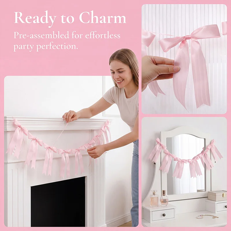 1set Pink Bow Ribbon Hanging Garland for Kids Birthday Party Wedding Baby Shower Decoration Christmas Satin Ribbon Home Ornament