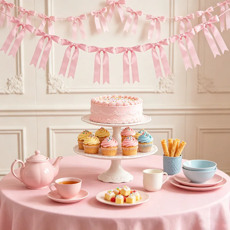 1set Pink Bow Ribbon Hanging Garland for Kids Birthday Party Wedding Baby Shower Decoration Christmas Satin Ribbon Home Ornament