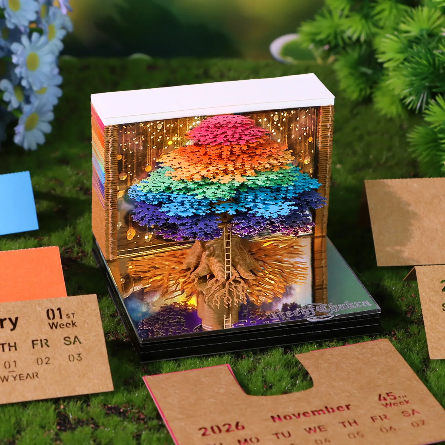 2027 3D Calendar Memo Pad Led Time Piece Calendar Tree of Chakra Desk Calendar Paper Carving Sticky Calendar For Christmas Gifts