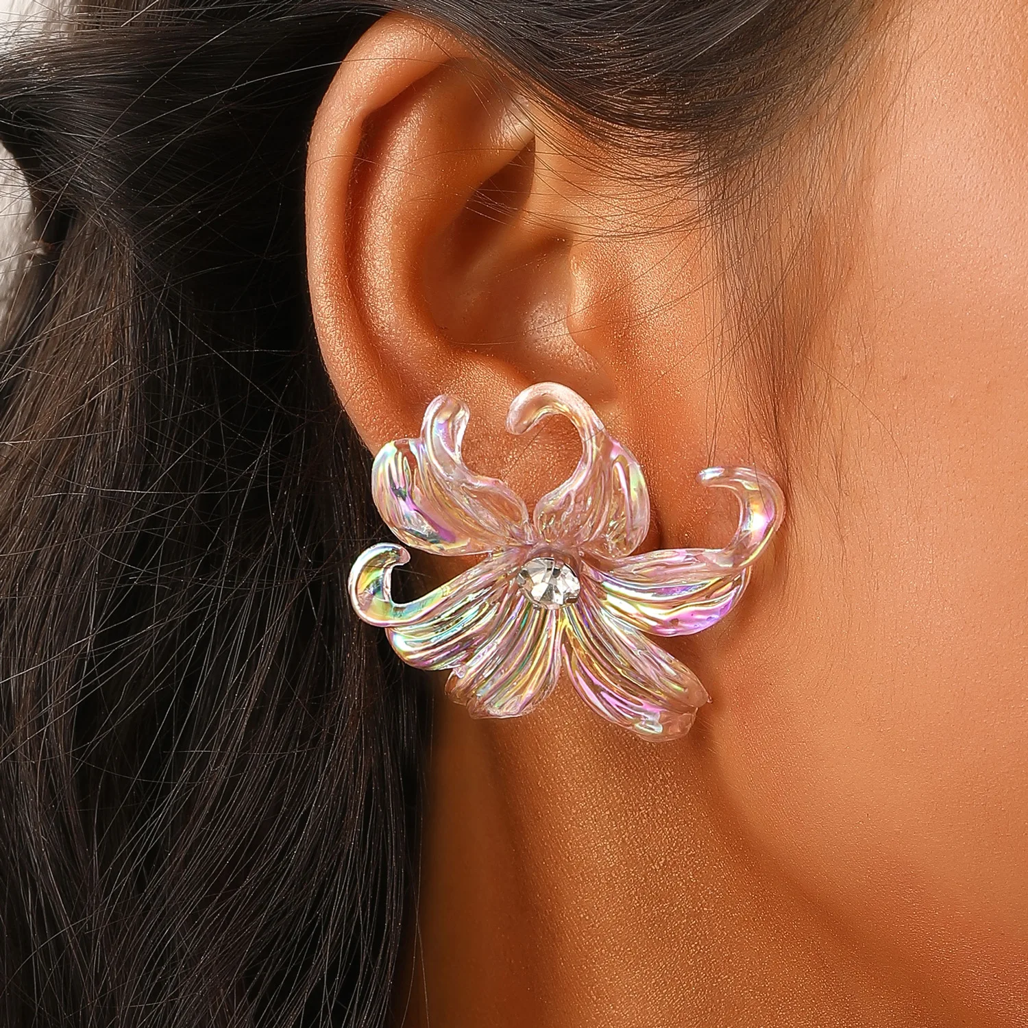 Acrylic Big Flower Iris Crystal Stud Earring for Women Purple Pink Green Color Female Sweet Jewelry Wedding Christmas Gift