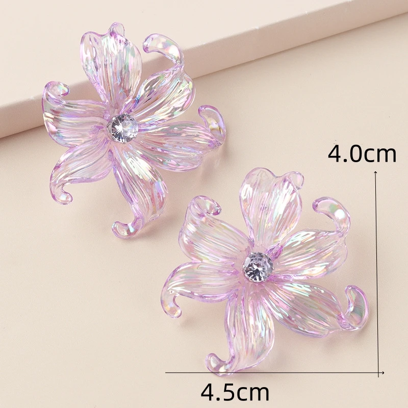 Acrylic Big Flower Iris Crystal Stud Earring for Women Purple Pink Green Color Female Sweet Jewelry Wedding Christmas Gift