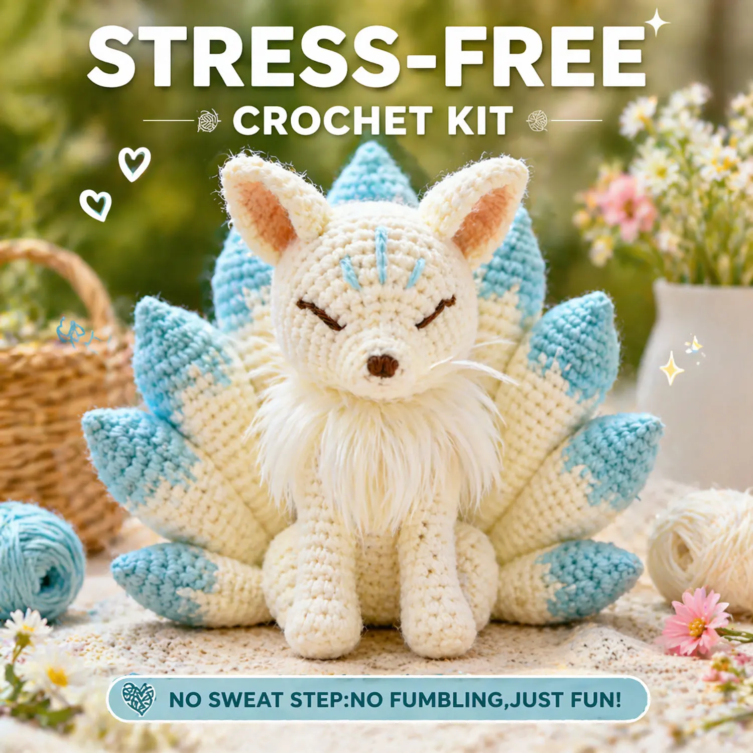 1pc White Nine-Tailed Fox Crochet Kit Suitable for Beginners with All Materials & HD English Tutorial, Christmas Crochet Kit