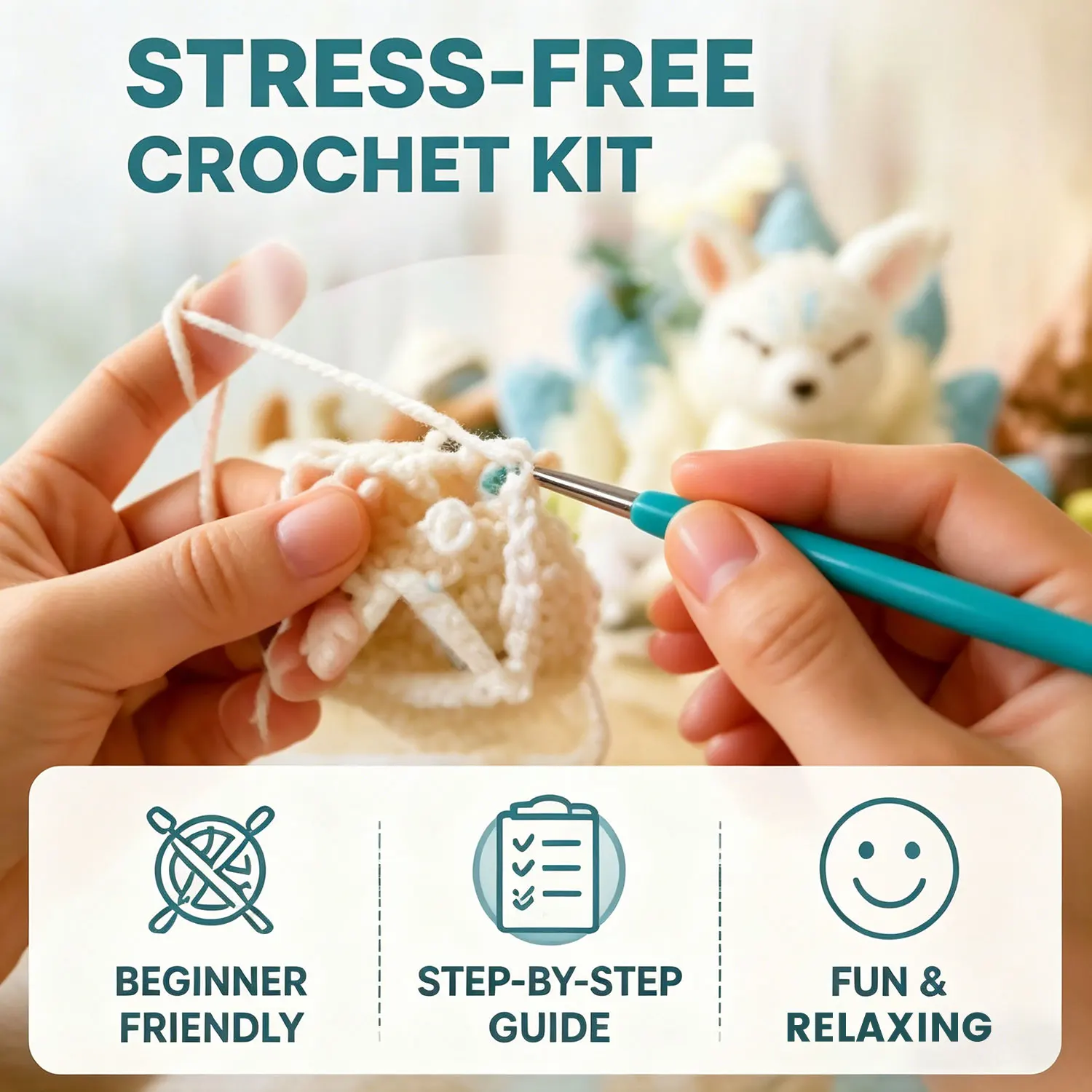 1pc White Nine-Tailed Fox Crochet Kit Suitable for Beginners with All Materials & HD English Tutorial, Christmas Crochet Kit