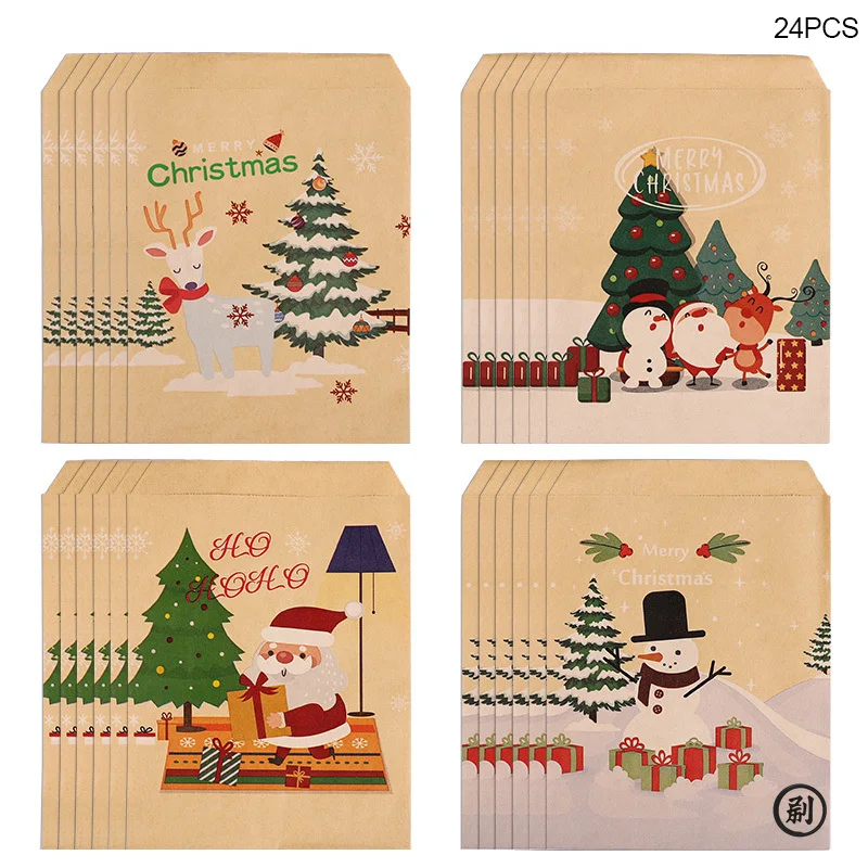 24pcs Merry Christmas Gift Bags Santa Claus Kraft Paper Candy Cookies Bag Xmas Party Favors 2025 Christmas DIY Advent Calendar