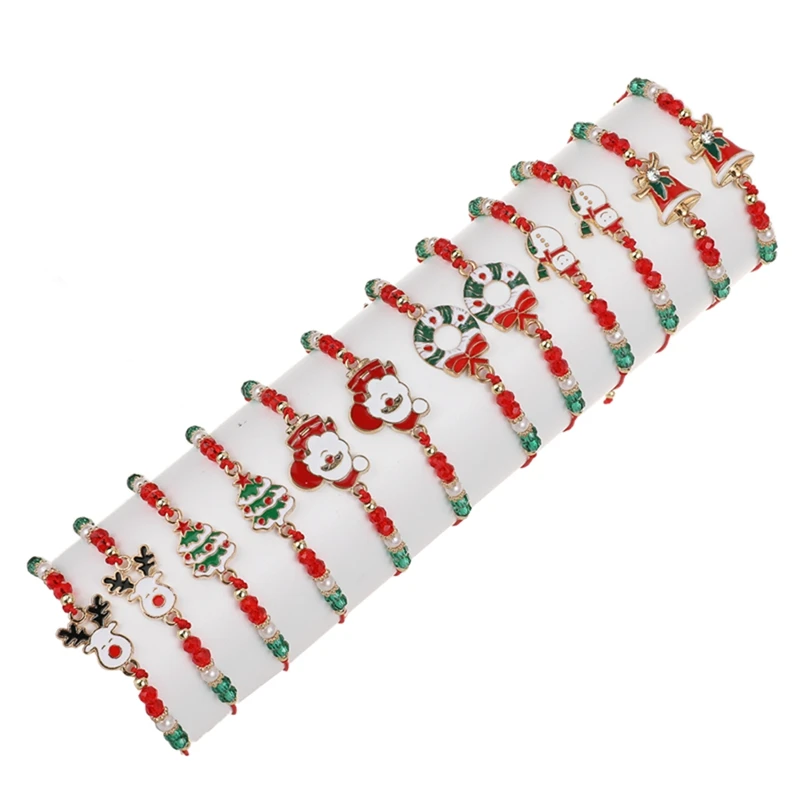 6/12PCS Christmas Red Rope Santa Claus Elk Bell Crystal Beaded Bracelet for Women Children Girl Christmas Party Favor Xmas Gift