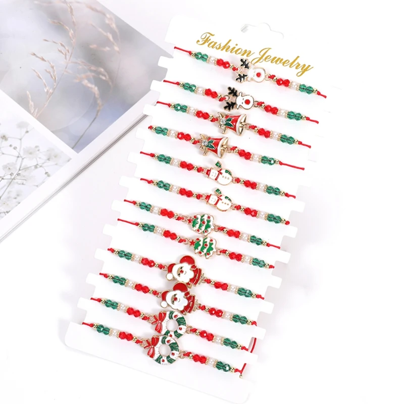 6/12PCS Christmas Red Rope Santa Claus Elk Bell Crystal Beaded Bracelet for Women Children Girl Christmas Party Favor Xmas Gift