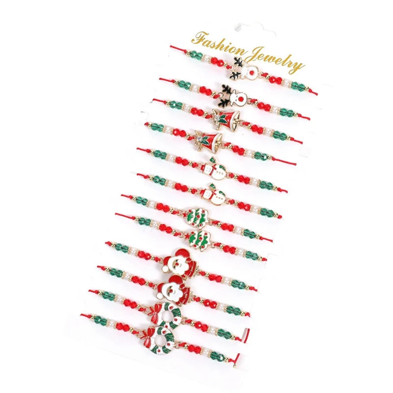 6/12PCS Christmas Red Rope Santa Claus Elk Bell Crystal Beaded Bracelet for Women Children Girl Christmas Party Favor Xmas Gift