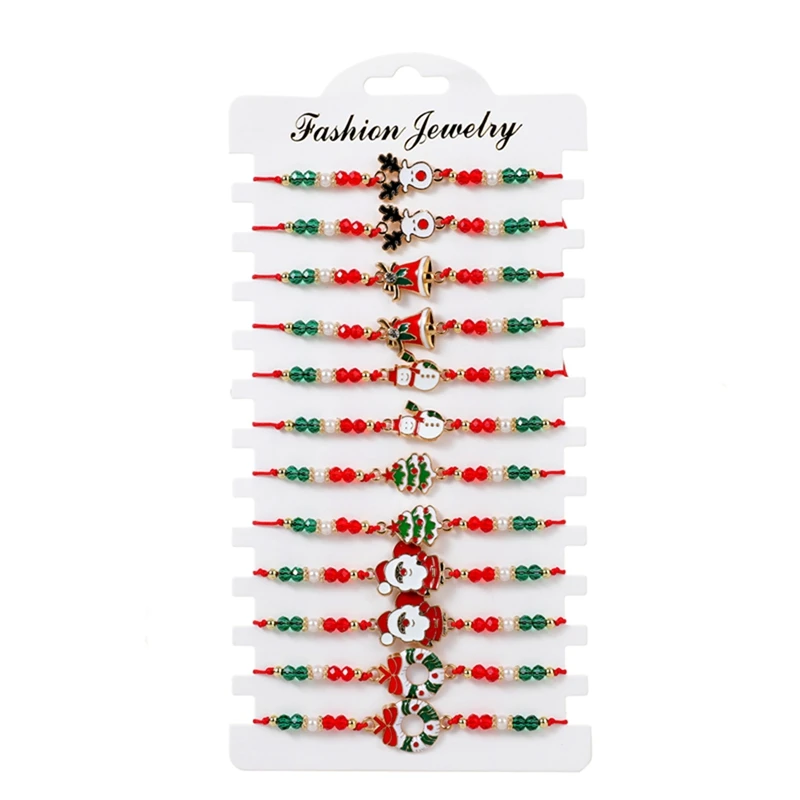 6/12PCS Christmas Red Rope Santa Claus Elk Bell Crystal Beaded Bracelet for Women Children Girl Christmas Party Favor Xmas Gift