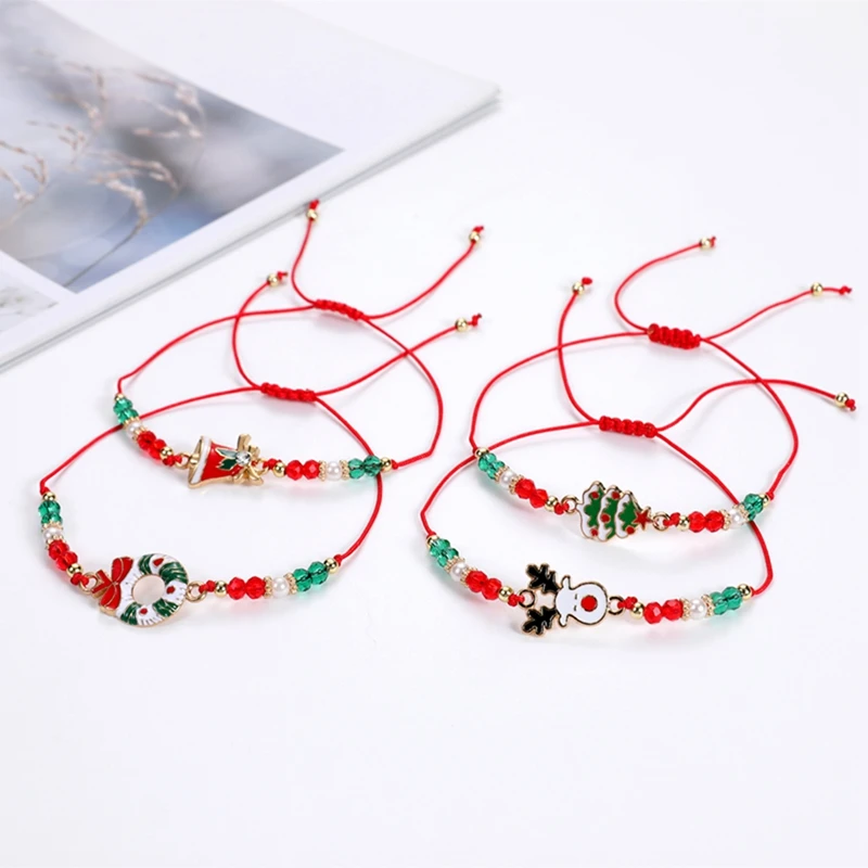 6/12PCS Christmas Red Rope Santa Claus Elk Bell Crystal Beaded Bracelet for Women Children Girl Christmas Party Favor Xmas Gift