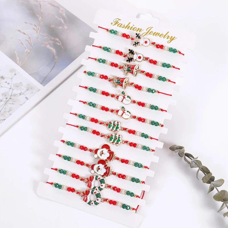 6/12PCS Christmas Red Rope Santa Claus Elk Bell Crystal Beaded Bracelet for Women Children Girl Christmas Party Favor Xmas Gift