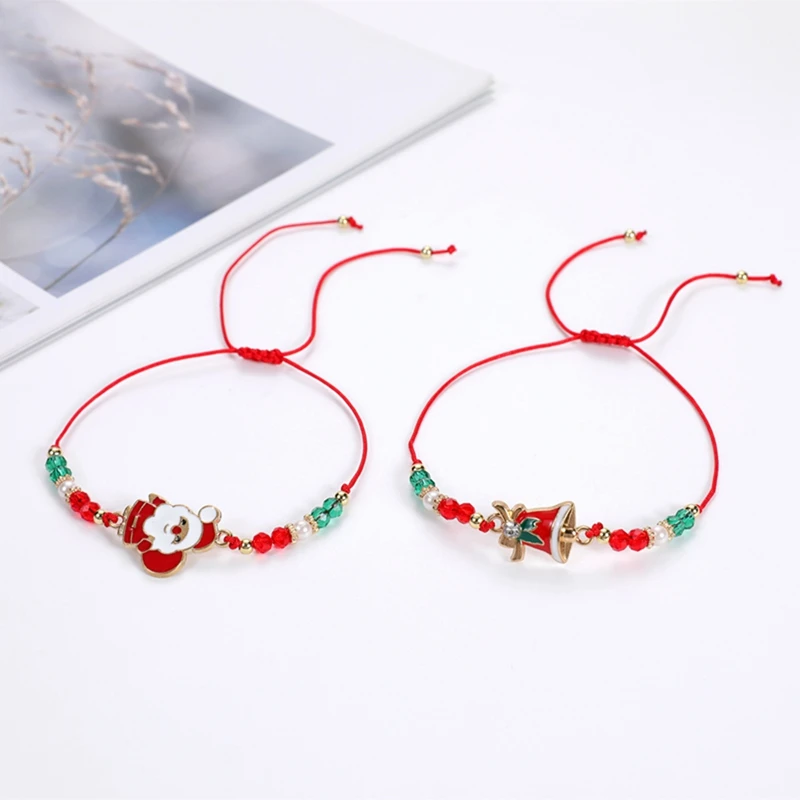 6/12PCS Christmas Red Rope Santa Claus Elk Bell Crystal Beaded Bracelet for Women Children Girl Christmas Party Favor Xmas Gift
