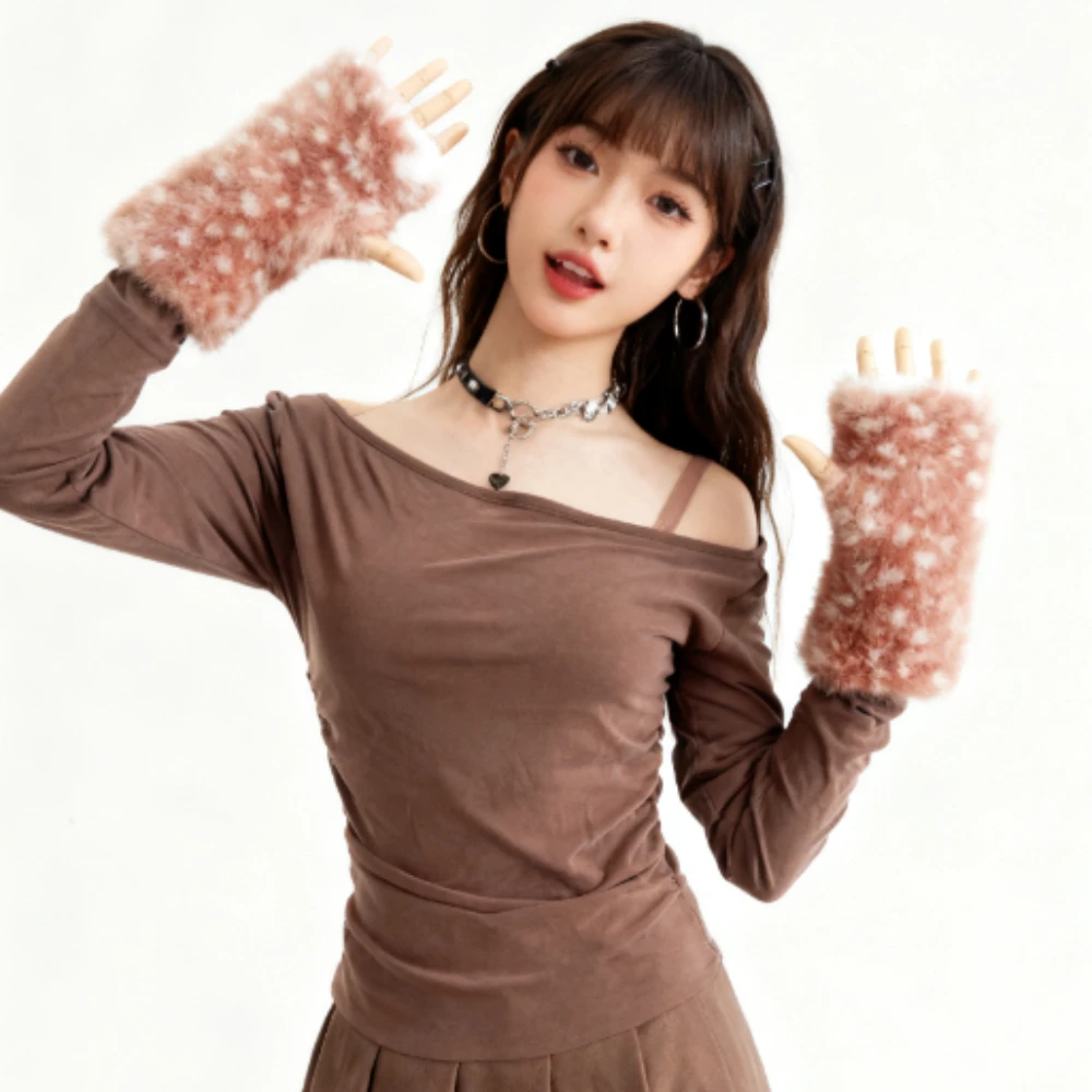 Christmas Deer Pattern Dew Finger Hair Gloves Elk Series Faux Fur Japanese Half Finger Winter Fawn Spot Warm Plush Accessories