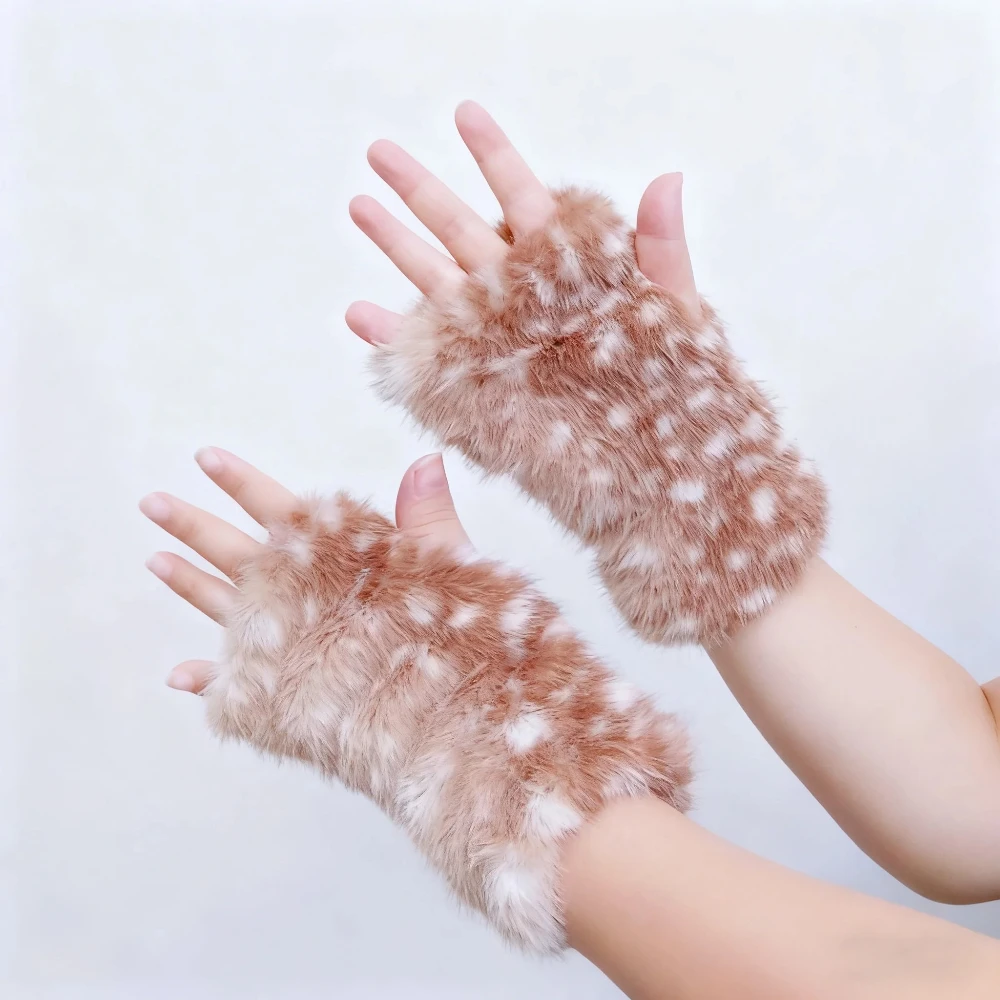 Christmas Deer Pattern Dew Finger Hair Gloves Elk Series Faux Fur Japanese Half Finger Winter Fawn Spot Warm Plush Accessories