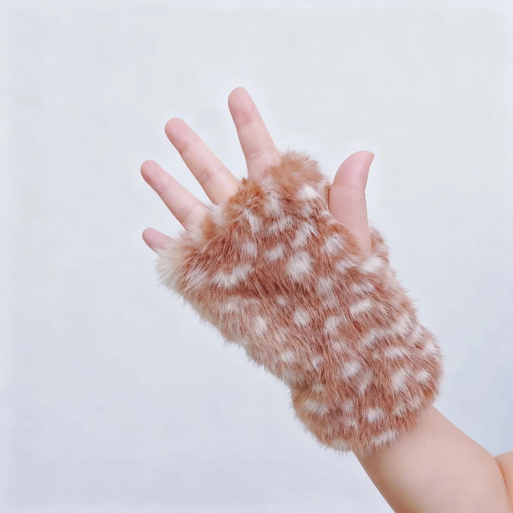 Christmas Deer Pattern Dew Finger Hair Gloves Elk Series Faux Fur Japanese Half Finger Winter Fawn Spot Warm Plush Accessories